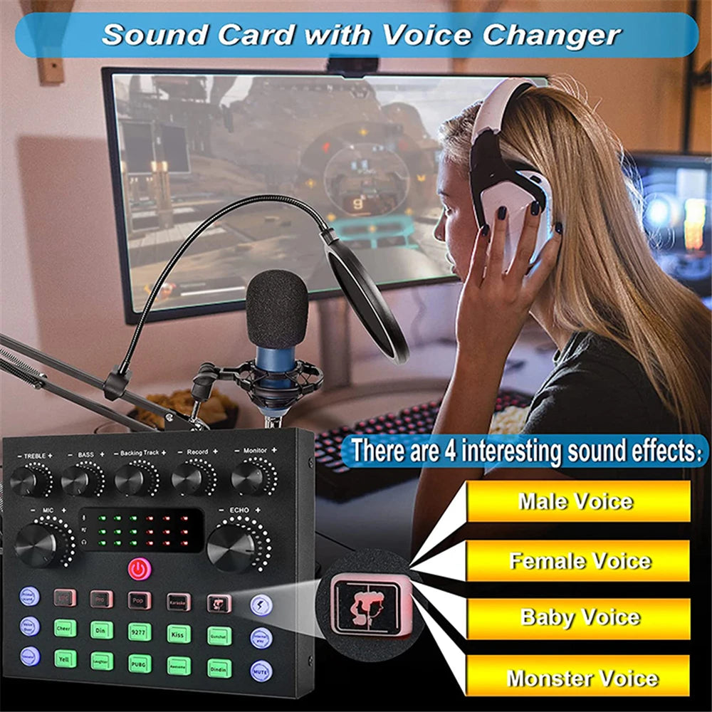 Live Streaming IPhone Broadcasting V8S Sound Card with 10 Sound Effects,3 Inputs, Mic Input Portable Audio Devic