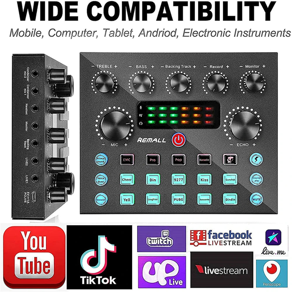 Live Streaming IPhone Broadcasting V8S Sound Card with 10 Sound Effects,3 Inputs, Mic Input Portable Audio Devic