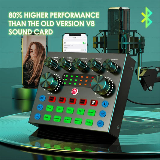 Live Streaming IPhone Broadcasting V8S Sound Card with 10 Sound Effects,3 Inputs, Mic Input Portable Audio Devic