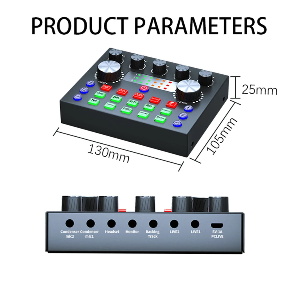 Live Streaming IPhone Broadcasting V8S Sound Card with 10 Sound Effects,3 Inputs, Mic Input Portable Audio Devic